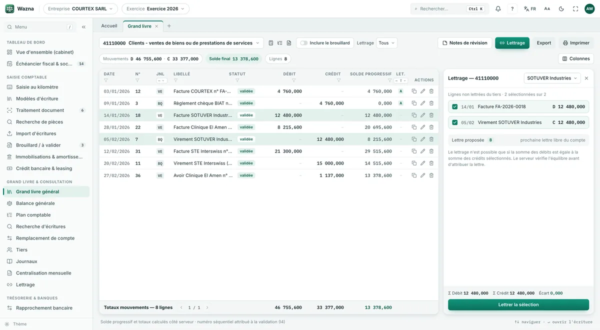 Wazna Compta : grand livre du compte clients avec lettrage