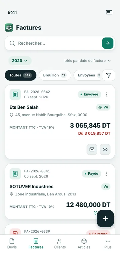 Application Wazna Mobile : liste des factures avec statuts et montants